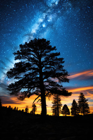 Silhouette sunset pine tree on mountain forest sky with cloud nature landscapeの素材