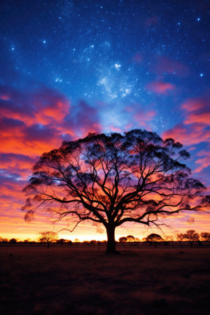 A lonely tree under the milky way on a magical night full of stars.の素材