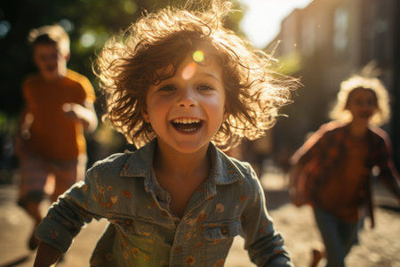 portrait of cute children playing on a sunny summer lawn, running to play on a spring day, cheerful childhoodの素材