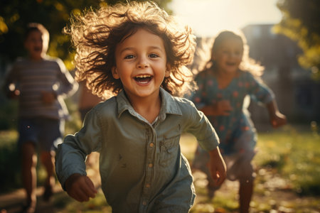 portrait of cute children playing on a sunny summer lawn, running to play, cheerful childhoodの素材