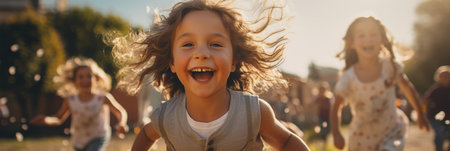 portrait of cute children playing on a sunny summer lawn, running to play, cheerful childhoodの素材