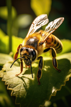 Macro Image of a bee on a green leaf on a sunny day backgroundの素材