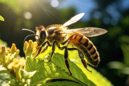Bumblebee on leaves, close-up of a Bumblebee collecting nectar, honeyの素材