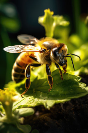 Bumblebee on leaves, close-up of a Bumblebee collecting nectar, honeyの素材