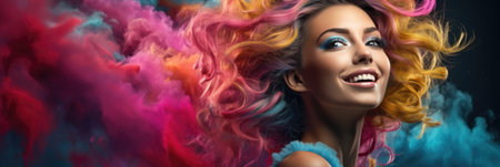 Portrait of a beautiful young woman. Colorful eye makeup for Holi festival.の素材