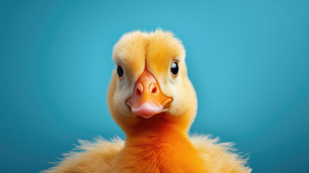 Front view of a cute little duck on a blue background.の素材