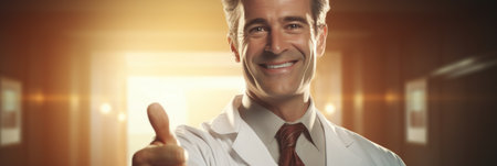 Doctor man cheerful smiling at camera, thumbs up. Perfect medical service in clinic.の素材