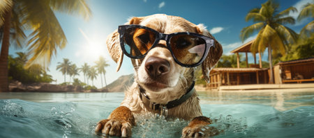 Cute dog in a hat is resting on the beach. Stylish dog in a hat on vacation at sea.の素材