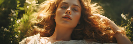 The gentle embrace of spring grass cradle a girl in repose, creating a serene sleeping portraitの素材