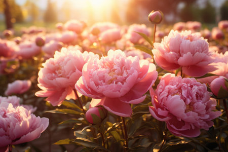 pink peonies on a sunny garden backgroundの素材