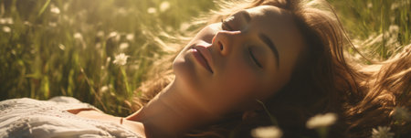 portrait of a girl sleeping on fresh spring grass and restingの素材
