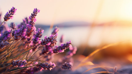 Lavender flowers on the background of the sea and sunset.の素材