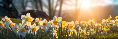Narcissus flowers in the meadow at sunset. Spring landscape.の素材