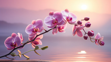 Pink orchid on the background of the sea and the sunset.の素材
