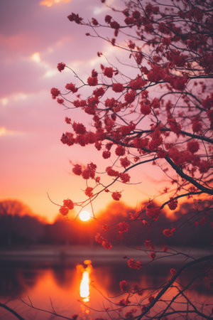 Branch of rowan tree with red berries on sunset background.の素材