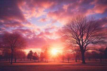 Sunset in a park with trees and grass on the foreground.の素材