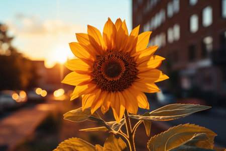 Sunflower on the background of the sunset. Sunflower blooming in the city.の素材