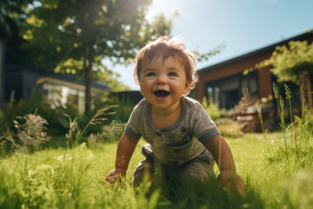 Cute baby boy playing on green grass in backyard at sunny dayの素材