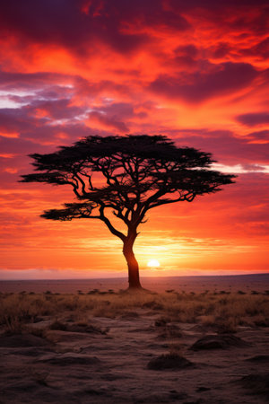 African savannah sunset landscape with acacia tree, Africaの素材