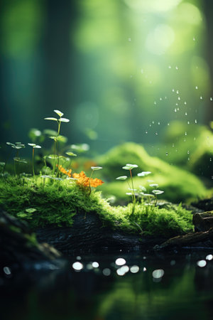 Green moss in forest with bokeh background, nature concept.の素材