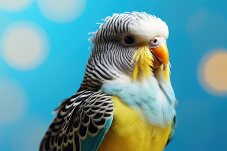 Budgerigar parrot on blue bokeh backgroundの素材