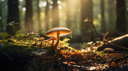 mushrooms growing in the forest in autumn season. macro photographyの素材