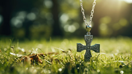Silver cross on a chain in the grass. Christian symbol of faith.の素材