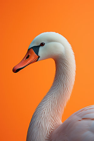 Portrait of a white swan on a bright orange background.の素材