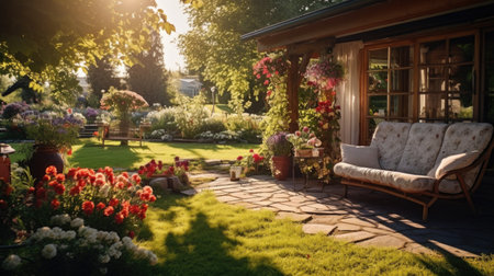 Beautiful summer garden with a cozy sofa and flowers in the sunlightの素材