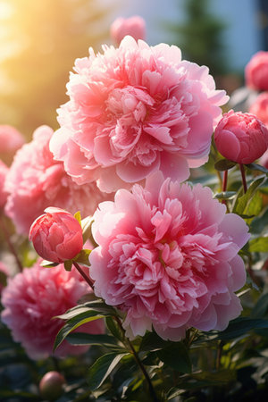 Beautiful pink peony flowers in the garden. Nature background.の素材
