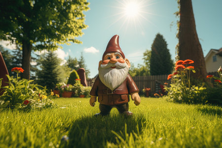 Garden gnome with red hat and mustache standing on the green grassの素材