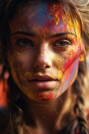Portrait of a beautiful young woman with face painted with colored powder.の素材