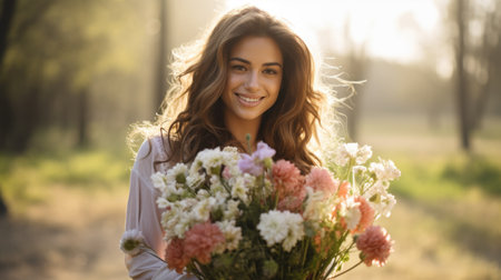 Portrait of a beautiful young woman holding a bouquet of flowersの素材