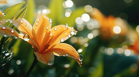 Beautiful orange lily flower with rain drops on green background.の素材