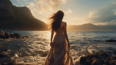 Young woman in a long white dress on the beach at sunset.の素材