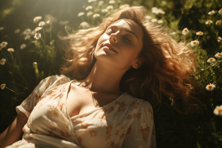 Beautiful young woman with long curly hair lying on chamomile fieldの素材