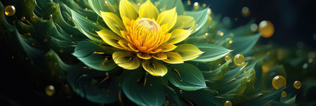 Yellow lotus flower covered in rain drops blooming in the sun in the pond in Meiji Garden at Meiji Jingu Shinto Shrine in Shibuyaの素材