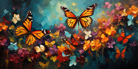 A painting of butterflies and flowers on a yellow background, flowers and butterflies.の素材