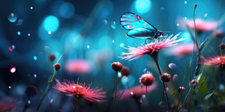 Tropical butterflies and pink bright summer flowers on a background of blue foliage in a fairy garden.の素材