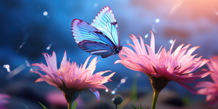 Purple butterfly on wild white violet flowers in grass in rays of sunlight, macro. Spring summer fresh artistic image of beauty morning nature.の素材