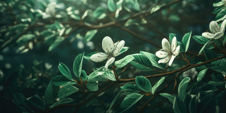 The flowers of apple tree on a natural green blurred background. Selected focus, shallow depth of field.の素材