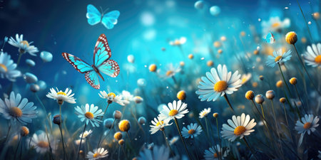 Beautiful blue butterfly in flight over branch of flowering apple tree in spring at Sunrise on light blue and pink background macro.の素材