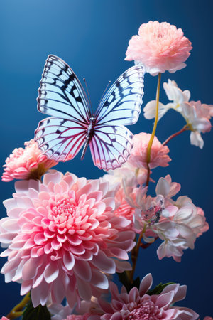 Beautiful blue butterfly Morpho on pink-violet flowers in spring in nature close-up macro.の素材