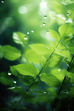 Beautiful nature view of green leaf on blurred greenery background in garden and sunlight with copy space using as background natural green plants landscape, ecology,の素材
