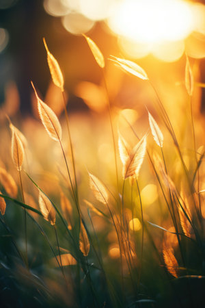 Beautiful nature in the morning. Beautiful grass and ears with field and meadow flowers in the back sun in the morning and afternoon on a sunny summer day.の素材