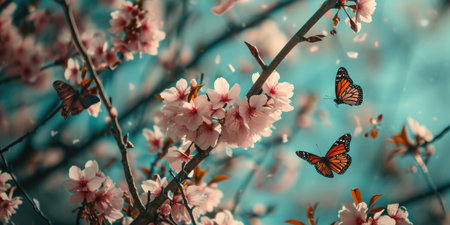 Wild Himalayan Cherry tree blooming, with a pink monarch butterfly in morning sunlight against blue sky.の素材