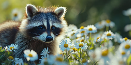 Raccoon spring time. in chamomile flowers.の素材