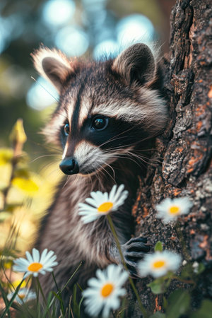 Baby Raccoon reaching for a Daisy while Sitting atop a Log. raccoon in daisy flowers, spring portrait.の素材
