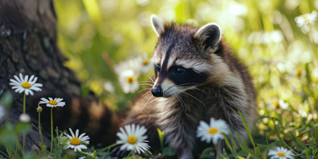 Baby Raccoon reaching for a Daisy while Sitting atop a Log. raccoon in daisy flowers, spring portrait.の素材
