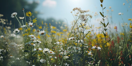 Lush blossom daisy flowers background. Summer flower field.の素材
